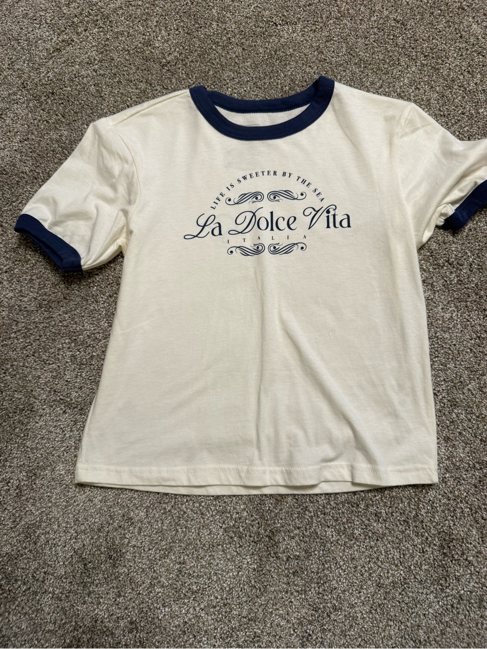 La Dolce Vita Kids Ringer Tee - Cream with Navy Trim - size XXS
